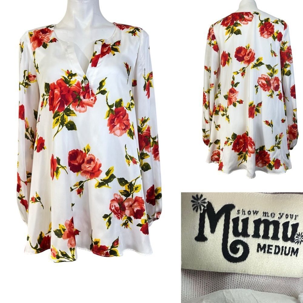 Show Me Your Mumu blouse Med white floral‎ long sleeve office business casual